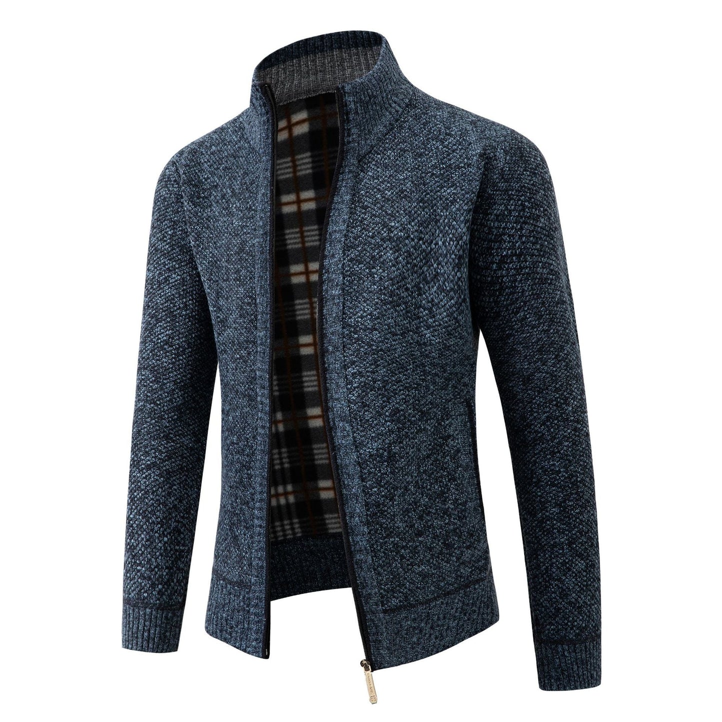 Street Wave Mens Knit Cardigan With Modern Stand Collar And Soft Inner Plaid Lining For Everyday Style