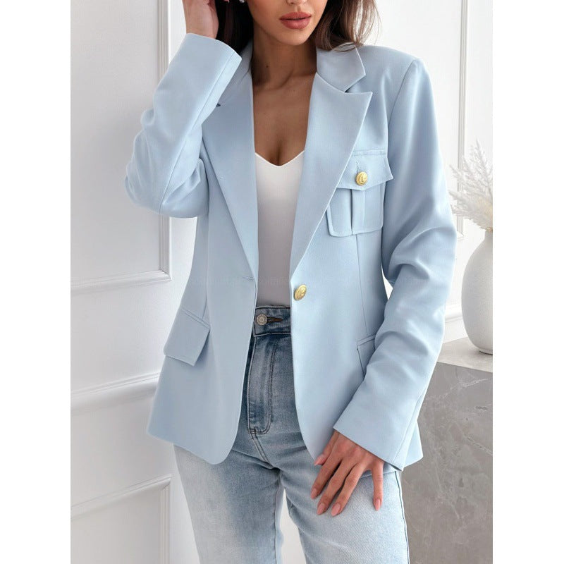 Street Wave Womens Double Breasted Tailored Blazer With Pocket Detail For Chic Office Style