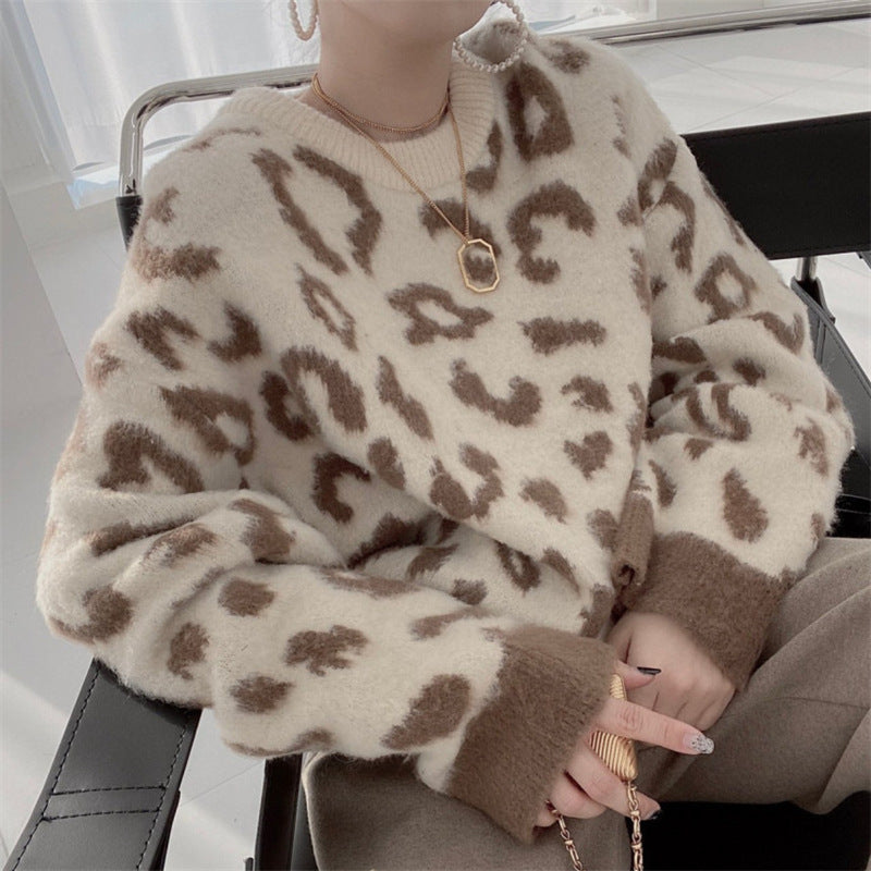 Street-wave Leopard Print Fluffy Sweater For Women Cozy Warmth And Soft Comfort All Day