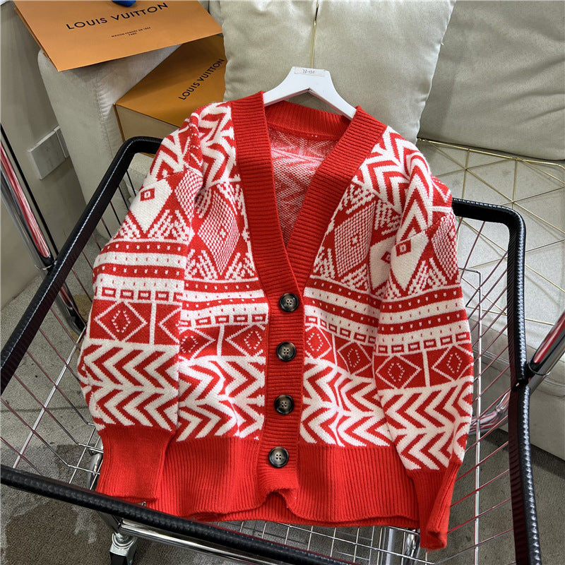 Streetwave Womens Oversized Cardigan With Geometric Pattern Soft Wool Cozy Warmth