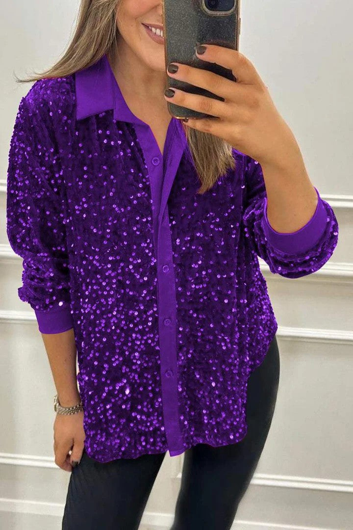Street-Wave Womens Sequin Blouse With Classic Collar Sparkling Evening Glamour Top