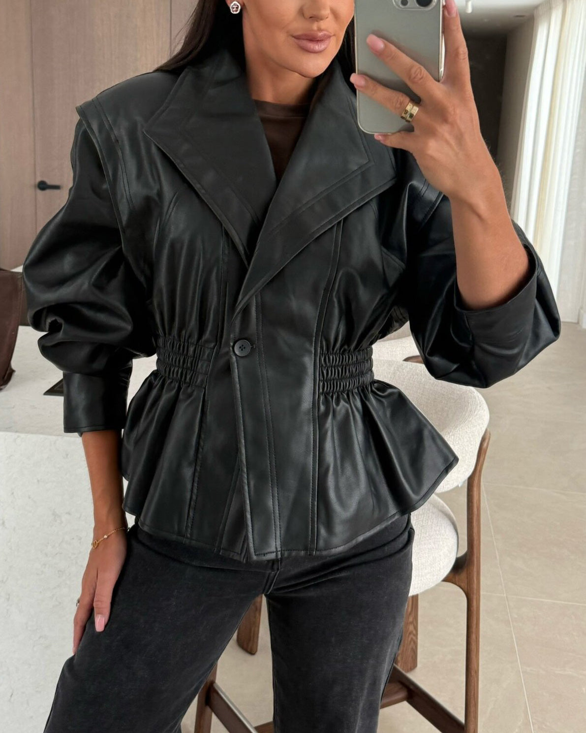 Street Wave Cropped PU Leather Jacket With Lapel Collar Elastic Waist For Women Statement Piece