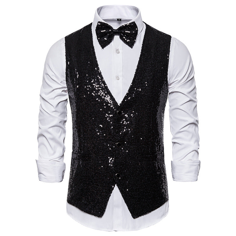 Street-wave Men's Glitter Sequin Festive Vest With Bow Tie Glamorous Partywear For Men