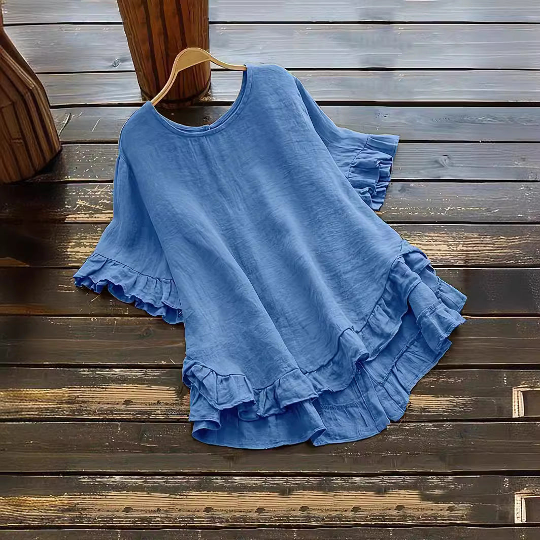 Street Wave Women's Ruffle Detail Loose Fit Top Breathable Cotton Blend Casual Everyday Shirt