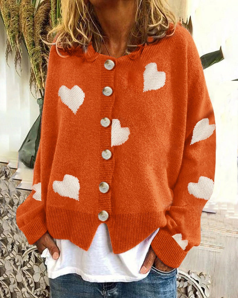 Street Wave Women's Heart Pattern Knit Cardigan With Button Front Cozy Cotton Blend