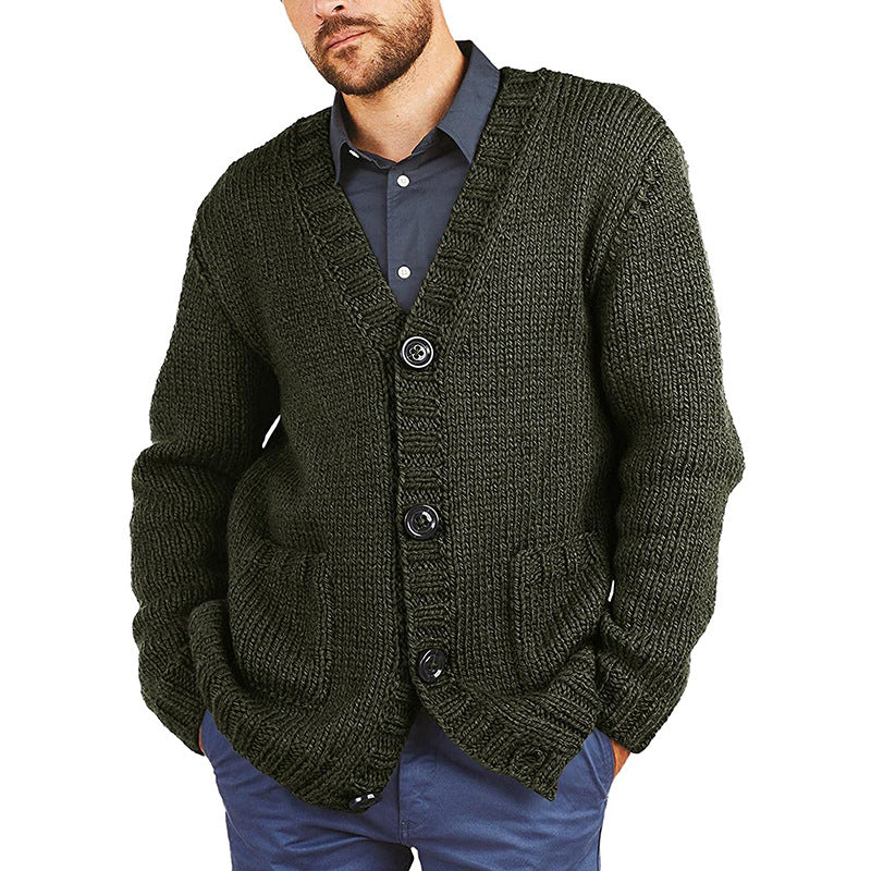 Street-wave Men's Chunky Knit Cardigan With Classic V-Neck And Cozy Pockets For Men