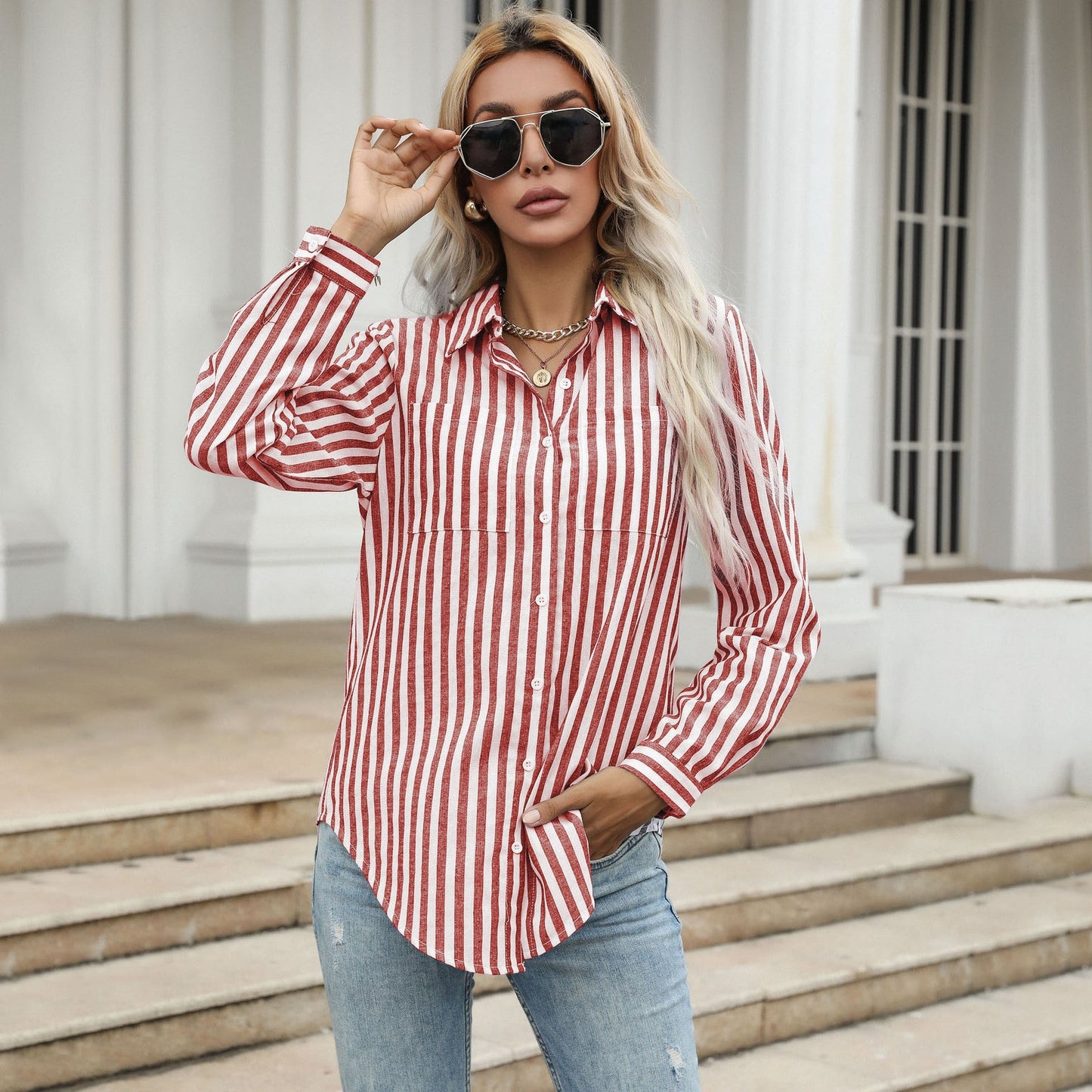 Street Wave Women's Striped Long Sleeve Shirt Cotton Blend Comfort For Casual Chic Everyday Wear