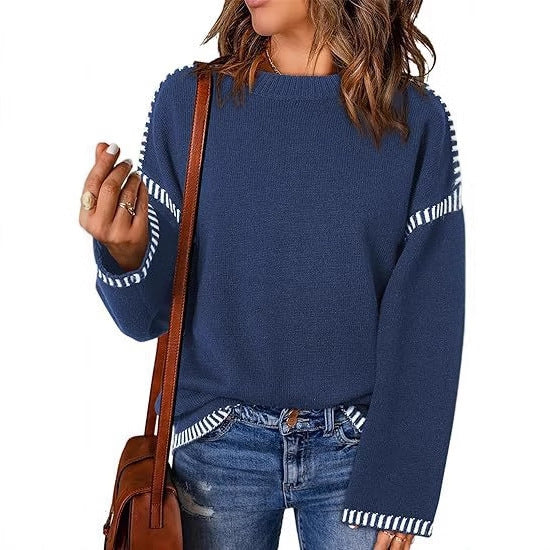 Street-Wave Womens Knit Pullover With Structured Knit And Striped Sleeve Details