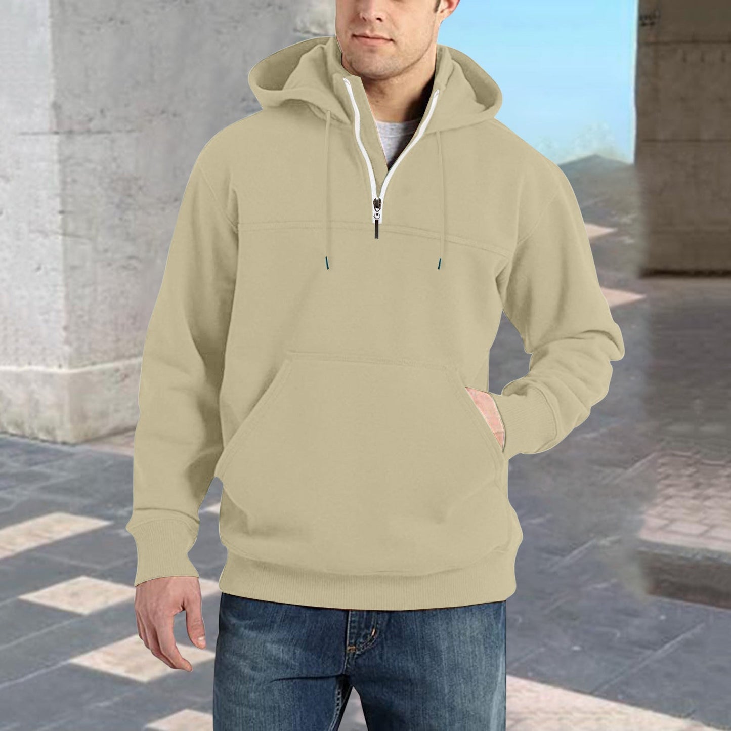 Street Wave Mens Half Zip Hoodie With Kangaroo Pocket For Casual Athleisure Comfort