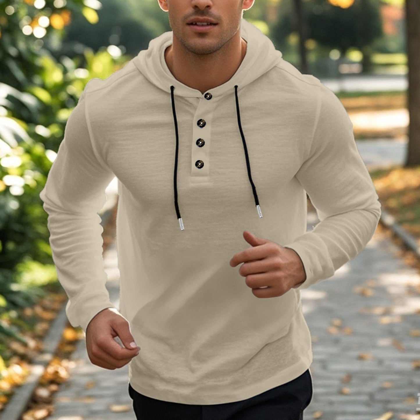 Street Wave Mens Button Placket Hoodie With Functional Pockets For Active Wear All Day Comfort