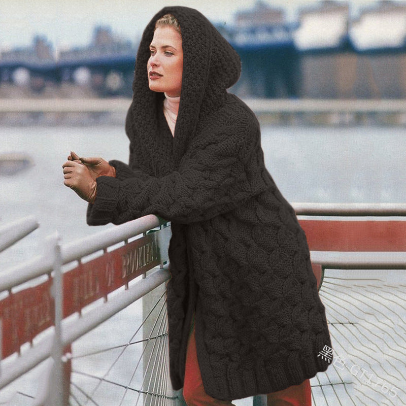Street-wave Women's Oversized Chunky Knit Hooded Coat Cozy Warmth Soft Wool Casual Chic Outerwear