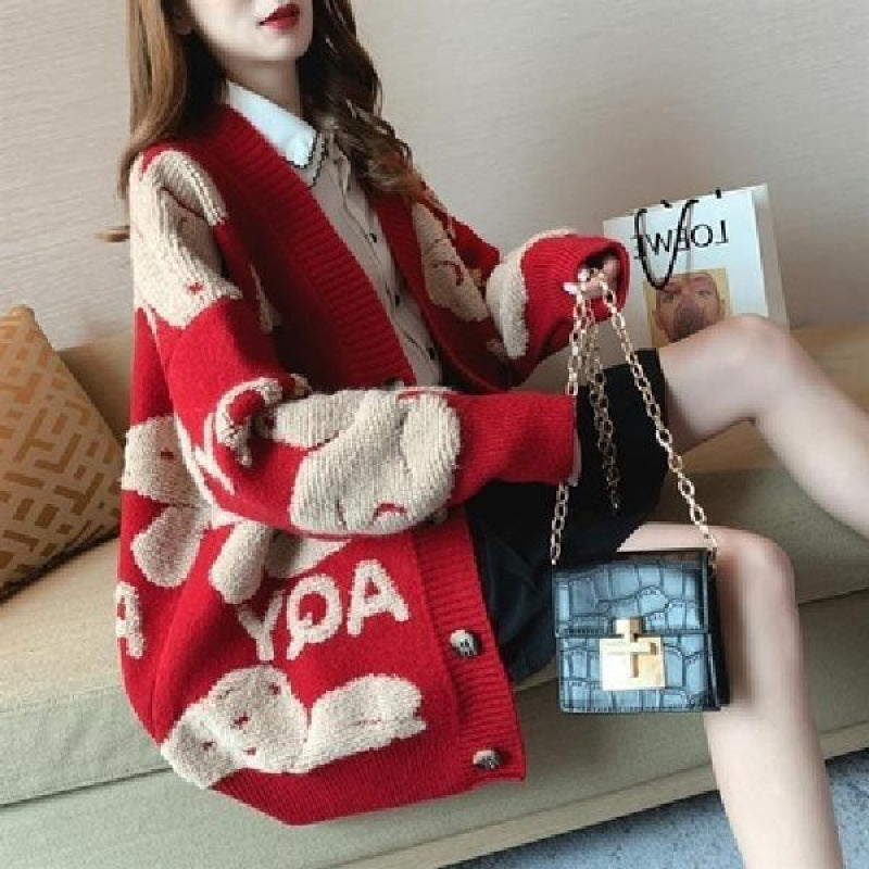 Streetwave Cozy Chunky Knit Cardigan For Women With Playful Motifs And Plush Comfort
