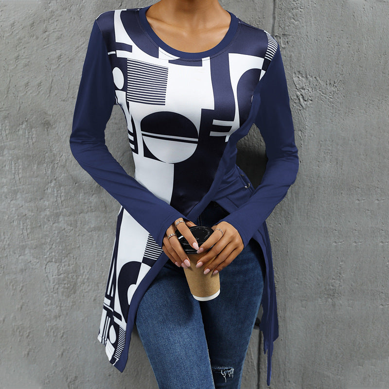 Street-wave Women's Graphic Long Sleeve Shirt With Asymmetric Hem For Trendy Women