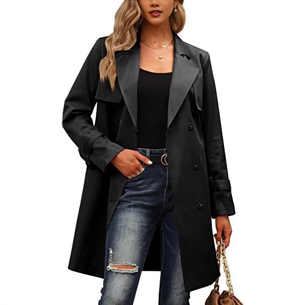 Street Wave Womens Elegant Trench Coat Double Breasted Button Placket Chic Collar For Timeless Style