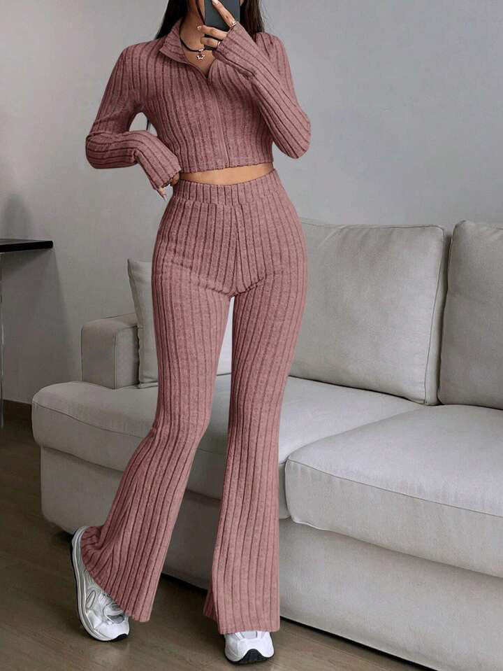 Street-wave Rib Knit Two-Piece Set For Women Cropped Top With Flared Pants Casual Chic Comfort