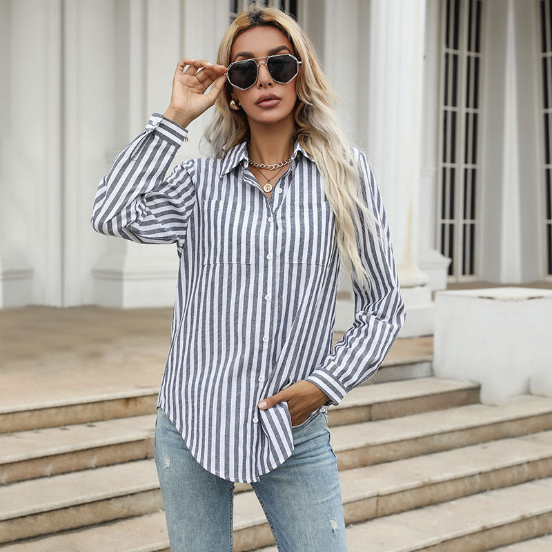 Street Wave Women's Striped Long Sleeve Shirt Cotton Blend Comfort For Casual Chic Everyday Wear