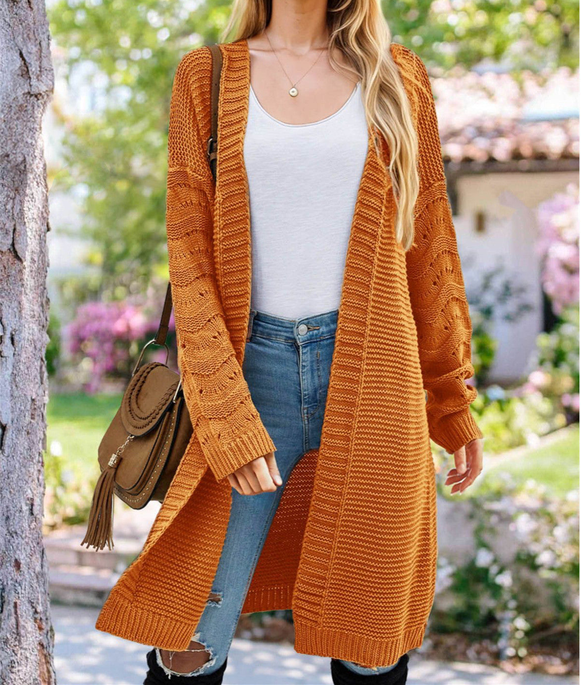 Street-wave Women Long Knit Cardigan With Airy Mesh Knit Open Front For Cozy Everyday Style