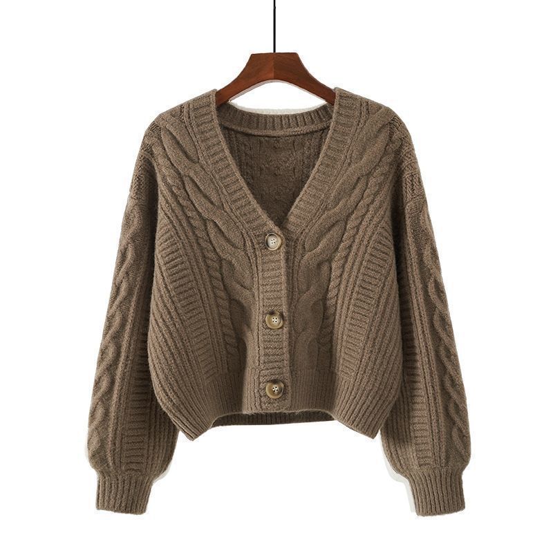 Street-wave Women Cable Knit Cardigan With Deep V Neck And Exquisite Cable Pattern