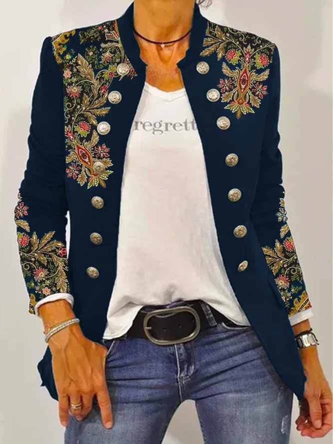 Street-wave Floral Embroidered Blazer Jacket for Women With Contrast Button Details