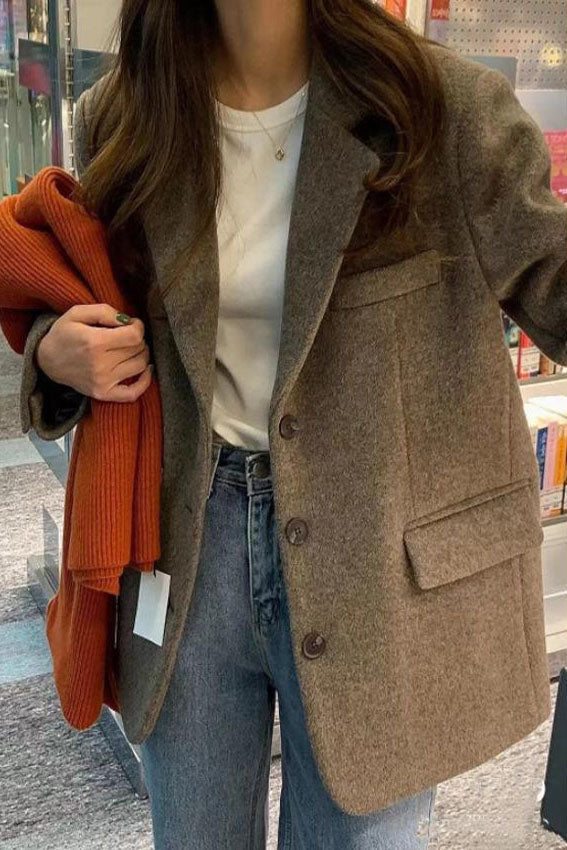 Street-Wave Wool Coat For Professionals With Classic Pocket Design Loose Fit Brown 100% Wool Durable Warm Outerwear