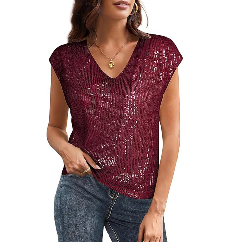 Street-Wave Sequin V-Neck Top For Women Shimmering Party Glam Perfect For Evening Outings And Celebrations