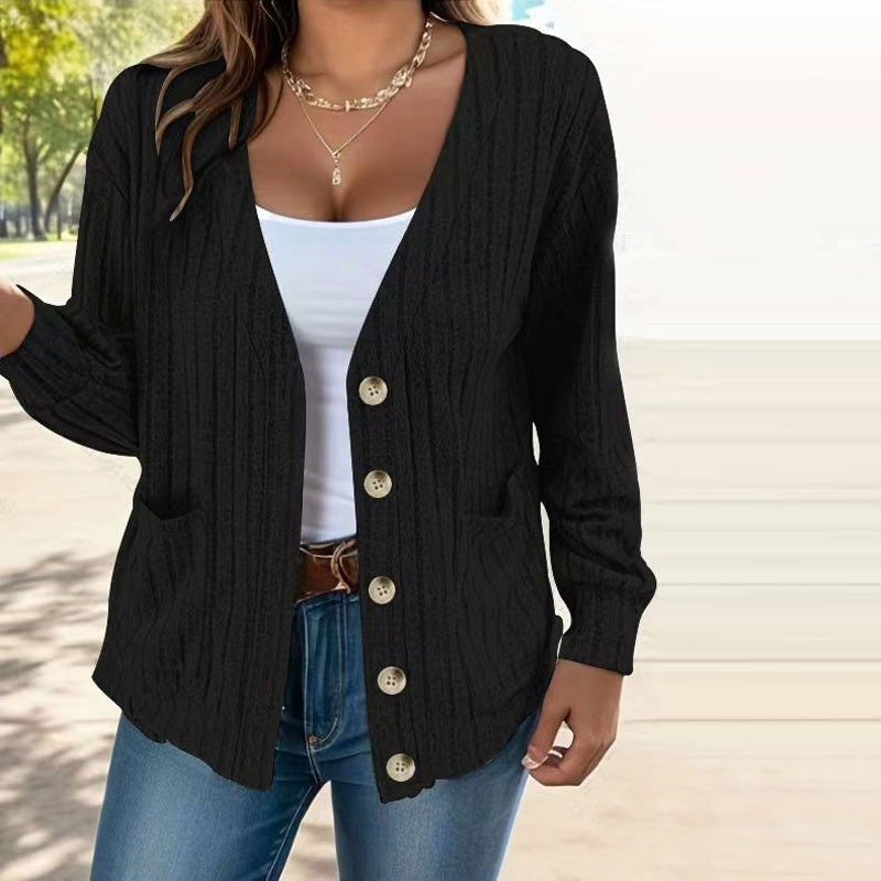 Street-Wave Striped Cardigan for Women Cozy Cotton Blend with Pockets Button Front V Neck