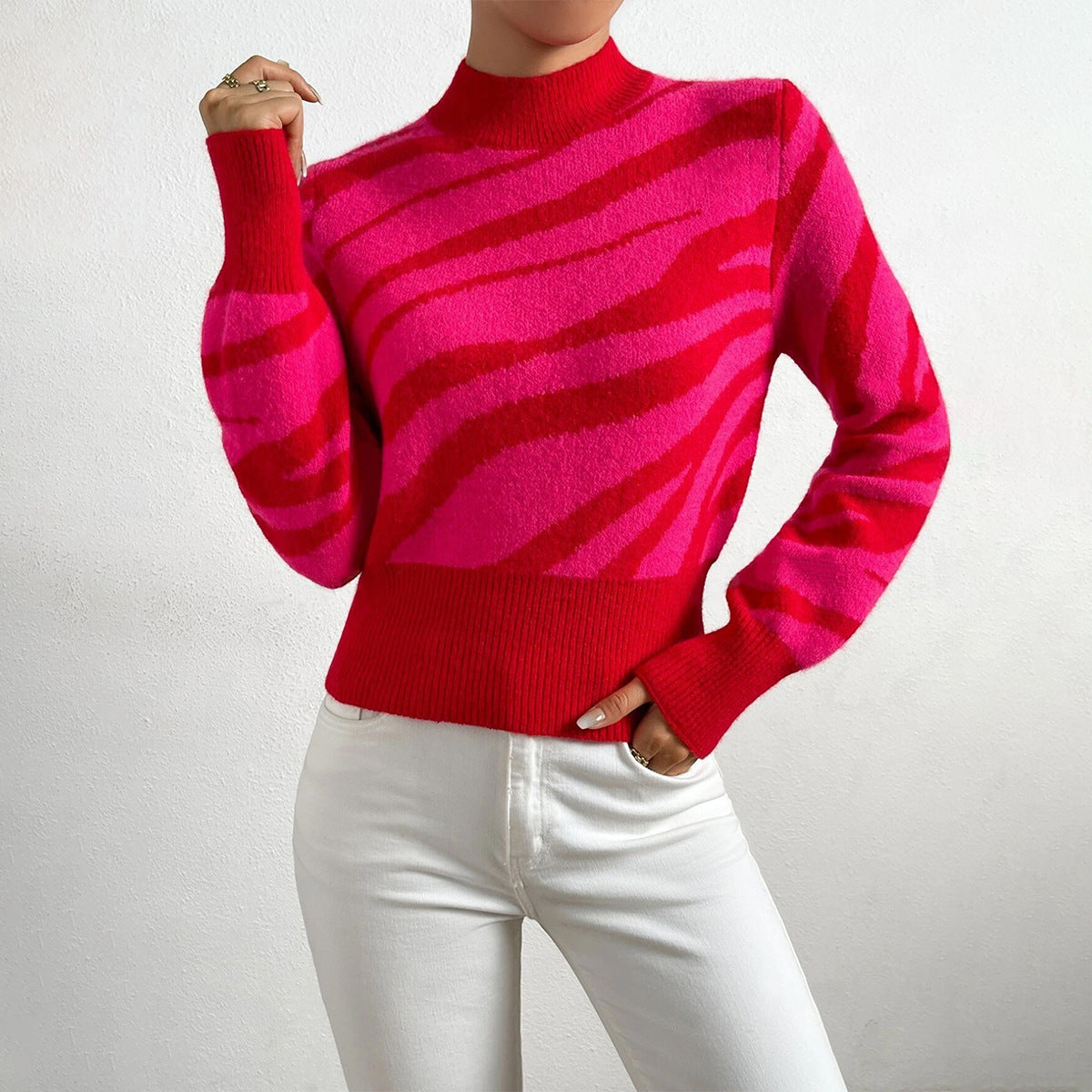 Street-Wave Zebra Knit Sweater With Half High Collar For Women Regular Fit Ribbed Hem Bold Blue Zebra Print