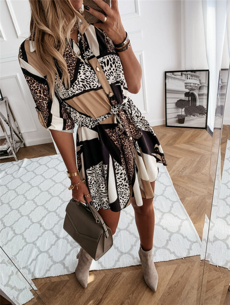 Street-Wave Womens Geometric Print Shirt Dress With Cinched Waist Knot For Chic Modern Women