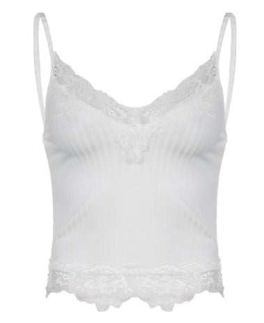 Street-Wave Elegant Lace Tank Top For Women With V-Neck And Scalloped Hem Stretchy Polyester