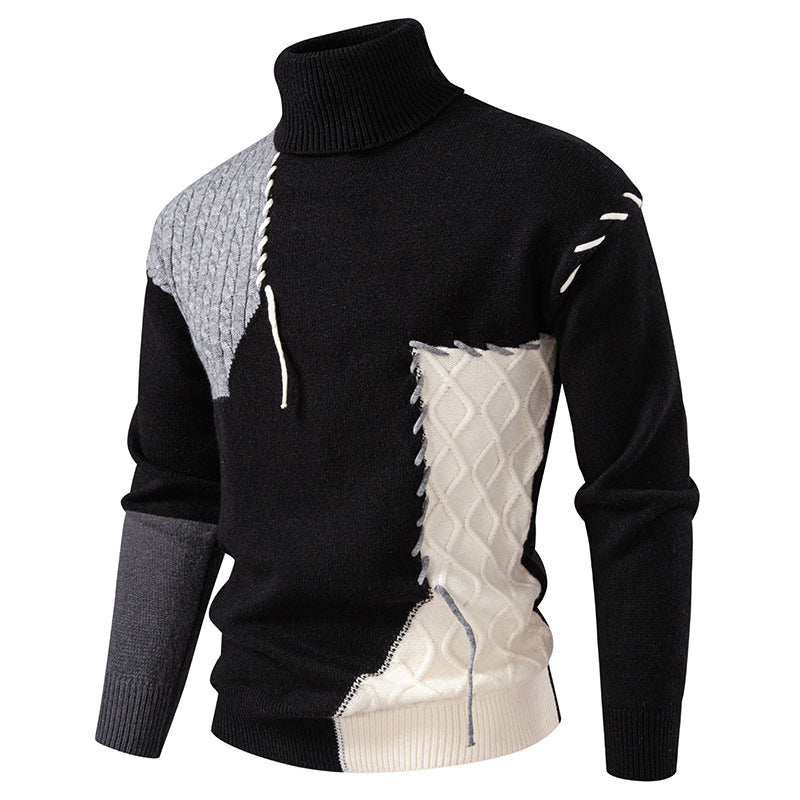 Mens Turtleneck Sweater With Geometric Cable Knit Patchwork Street-wave For Style Savvy Men