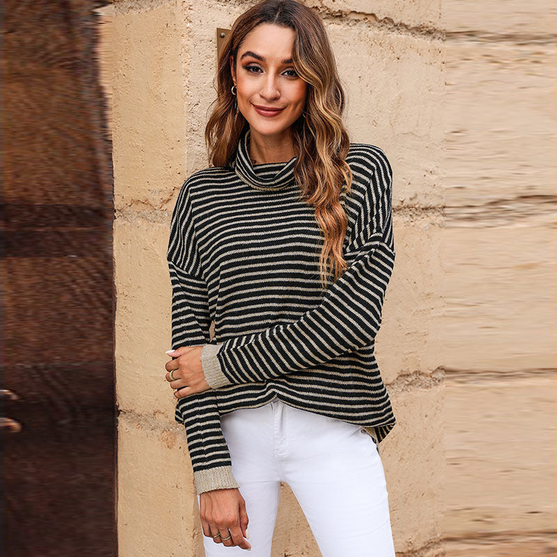Street-Wave Wool Blend Striped Turtleneck Sweater For Women Cozy Relaxed Fit Soft Knit Warmth
