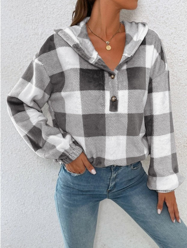 Street-Wave Women's Plaid Hoodie Blouse Cozy Relaxed Fit Casual Top For Everyday Style