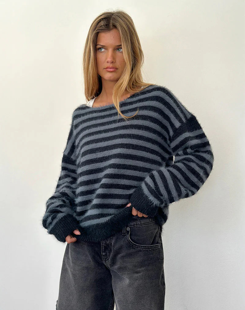 Street Wave Striped Sweater With Loose Fit For Women Cozy Knit Warm Casual Style For Everyday Streetwear