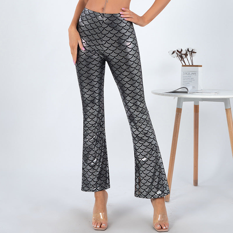 Street Wave Shiny Scale Pattern Flare Pants For Women Glamorous Bell Bottoms Statement Evening