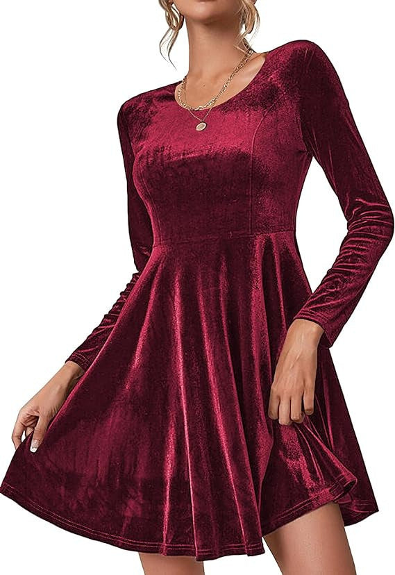 Street Wave Velvet Dress With Curved Hem And Long Sleeves For Women's Luxurious Evening Wear