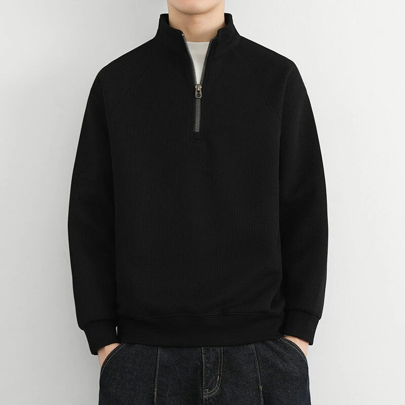 Street-Wave Mens Ribbed Half Zip Sweatshirt With High Collar Casual Everyday Wear Relaxed Fit