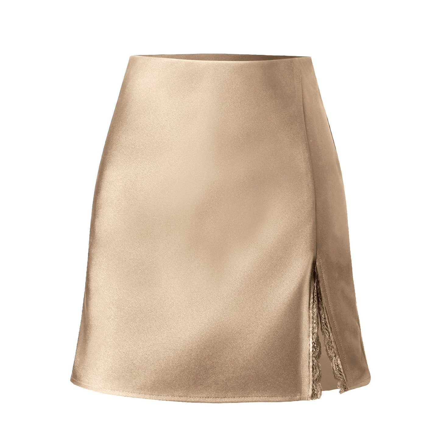 Street Wave Satin Skirt With Side Slit And Lace Trim For Chic Fashion Conscious Women