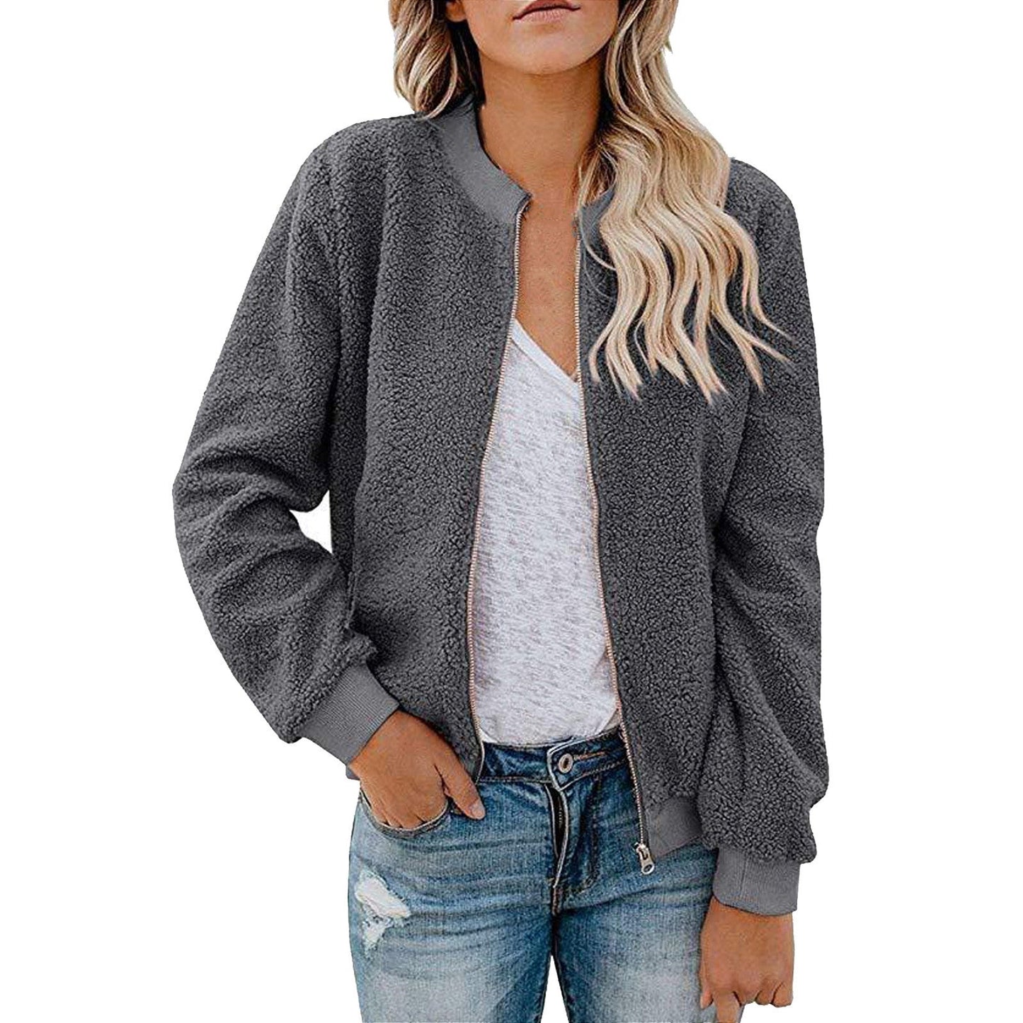 Street Wave Womens Fleece Bomber Jacket With Stand Collar Cozy Warm Everyday Wear