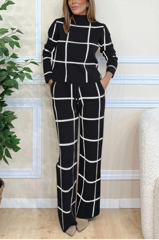 Street-wave Women Elegant Knit Loungewear Set With Graphic Grid Pattern Roll-Neck Top And Elastic-Waist Pants