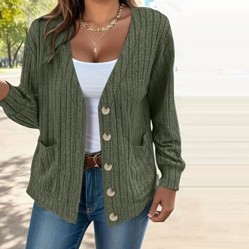 Street-Wave Striped Cardigan for Women Cozy Cotton Blend with Pockets Button Front V Neck