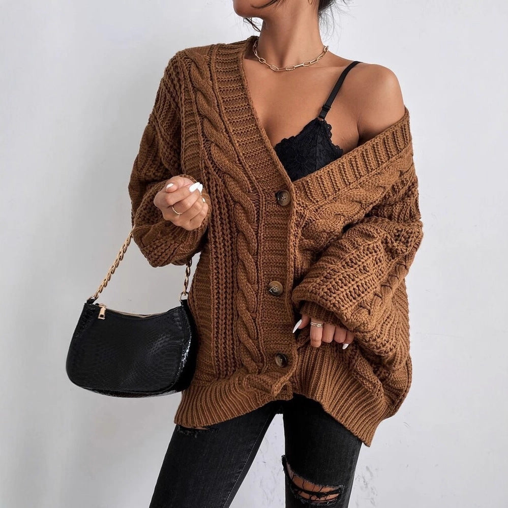 Street-Wave Women's Chunky Knit Cardigan With Cable Pattern, Cozy Warmth For Cool Days