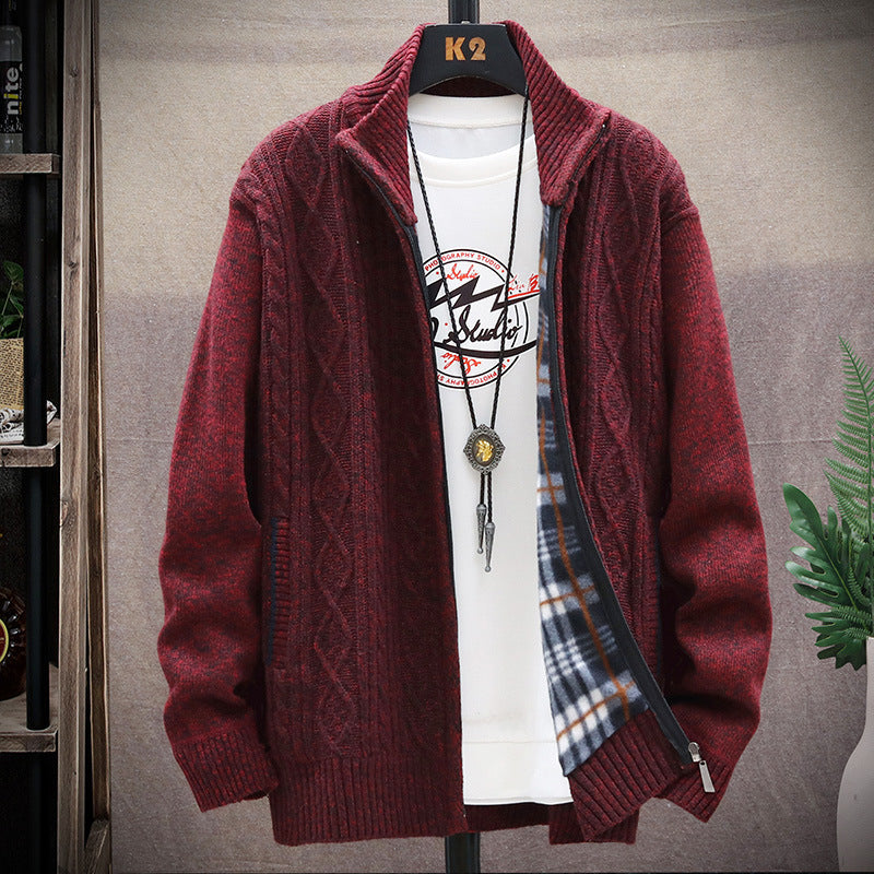 Streetwave Men's Knit Cardigan With Faux Leather Details And High Collar For Cozy Cold Weather