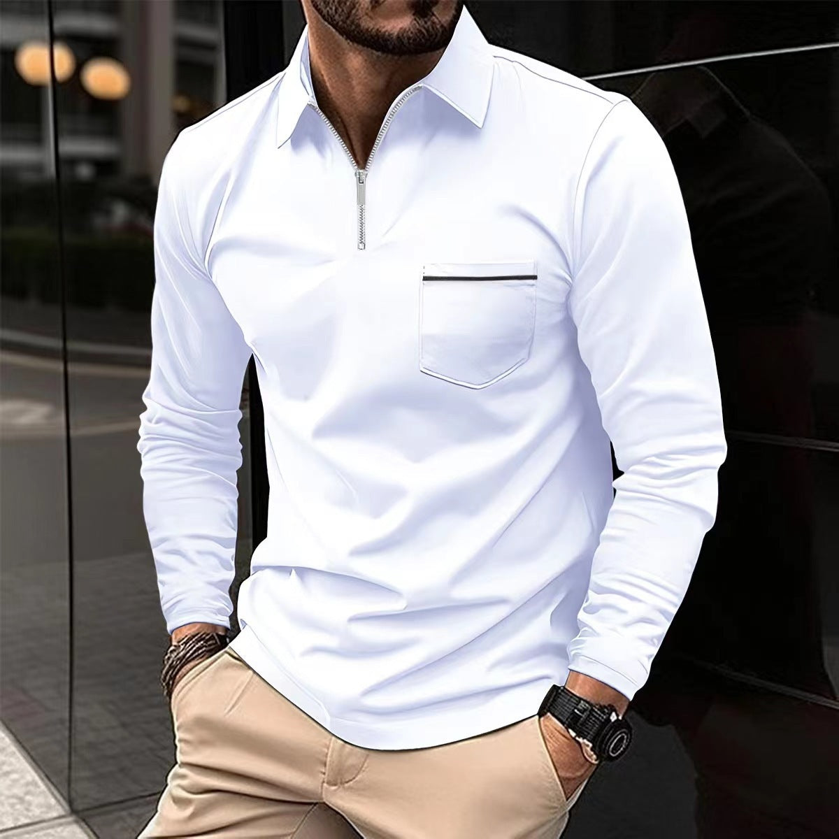Street-wave Men's Zip Front Long Sleeve Shirt With Chest Pocket For Modern Casual And Formal Wear