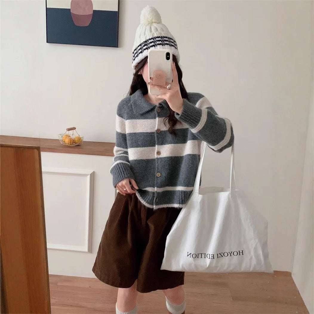 Street Wave Womens Cardigan With Classic Collar Soft Wool Blend Striped Pattern For Everyday Wear Effortless Chic