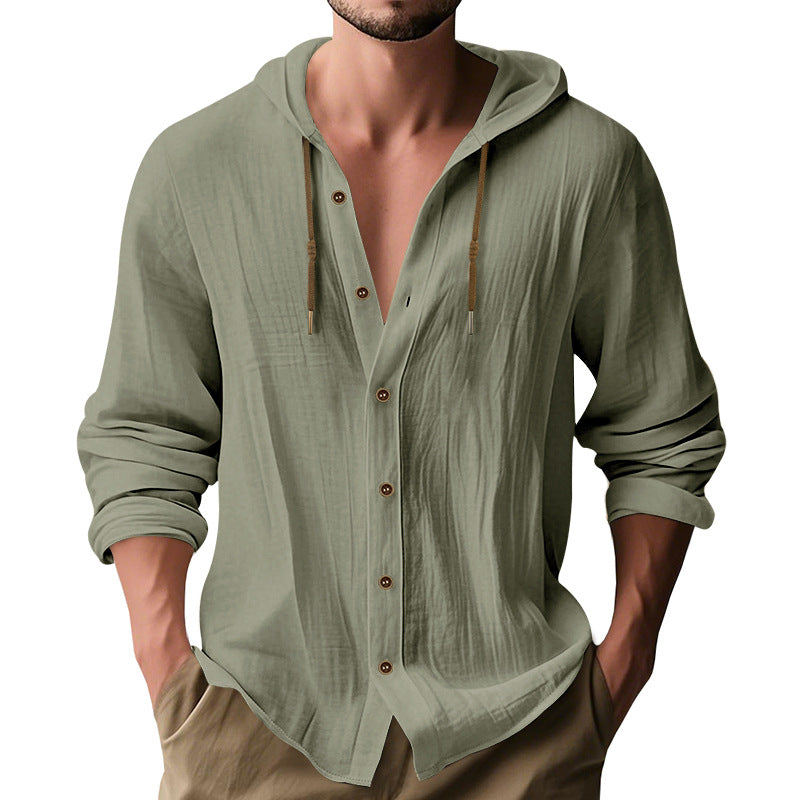 Breathable Cotton Hooded Shirt For Men With Button Front And Adjustable Drawstring Streetwave