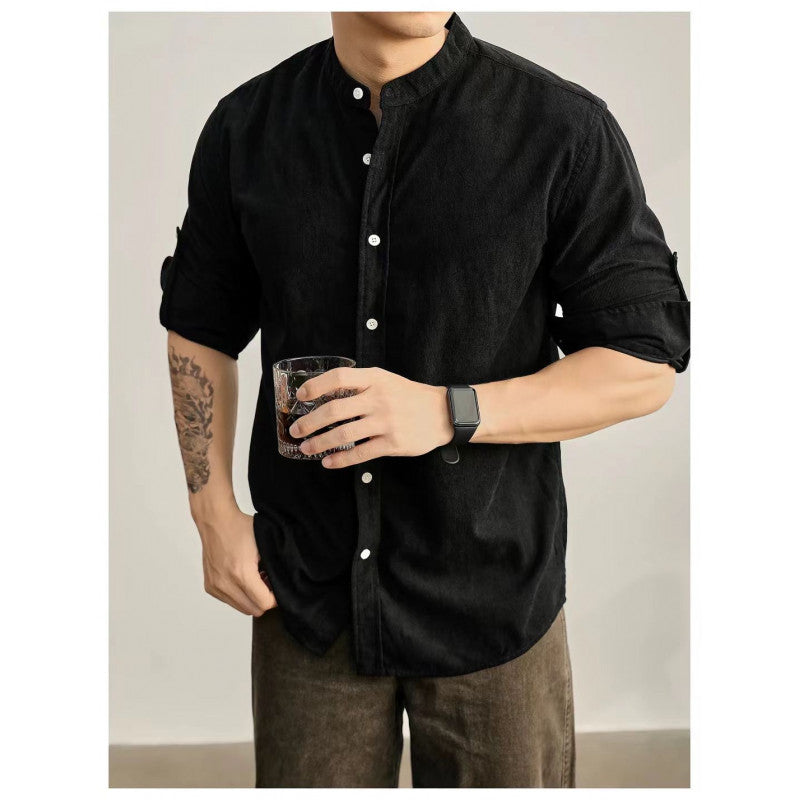 Street-Wave Men's Mandarin Collar Shirt In Fine Striped Fabric Modern Fit Comfortable Everyday Wear