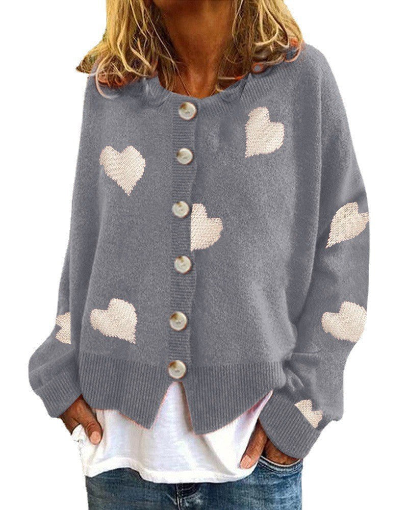 Street-Wave Womens Heart Knit Cardigan Cozy Soft Knitwear With Heart Pattern For Casual Chic