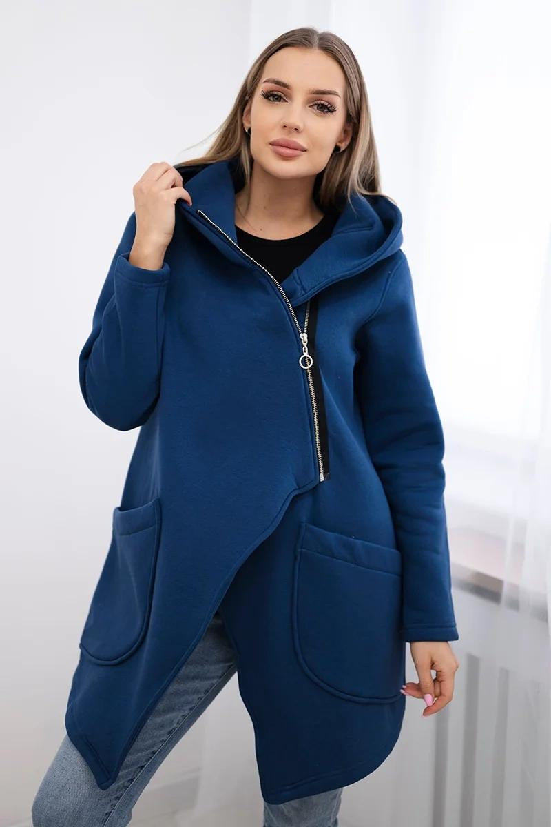 Street-Wave Zip Hoodie Fleece Jacket Mid-Length Warmth With Front Pockets For Women