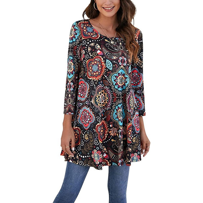 Street Wave Mandala Print Tunic For Women Comfortable Boho Everyday Top With Unique Mandala Design