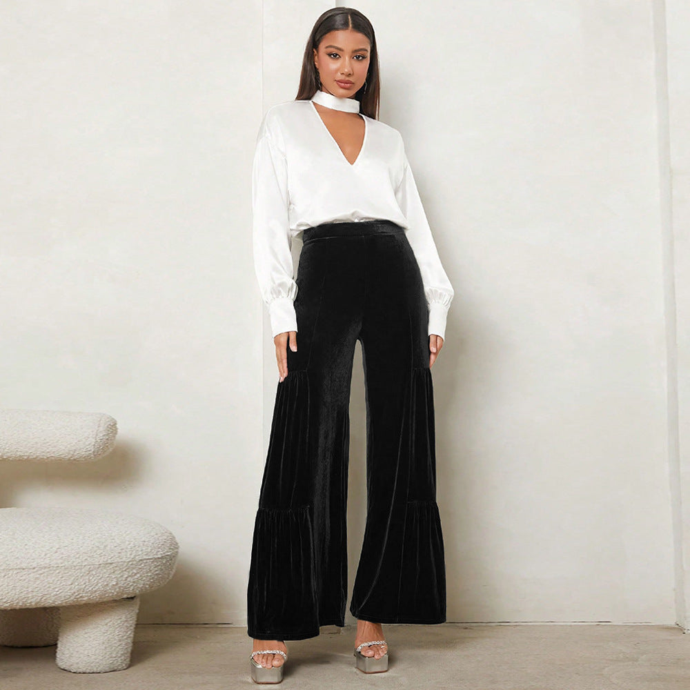 Street-Wave Velvet Wide-Leg Plush Pants With Pleats And High Waist For Women Night Out